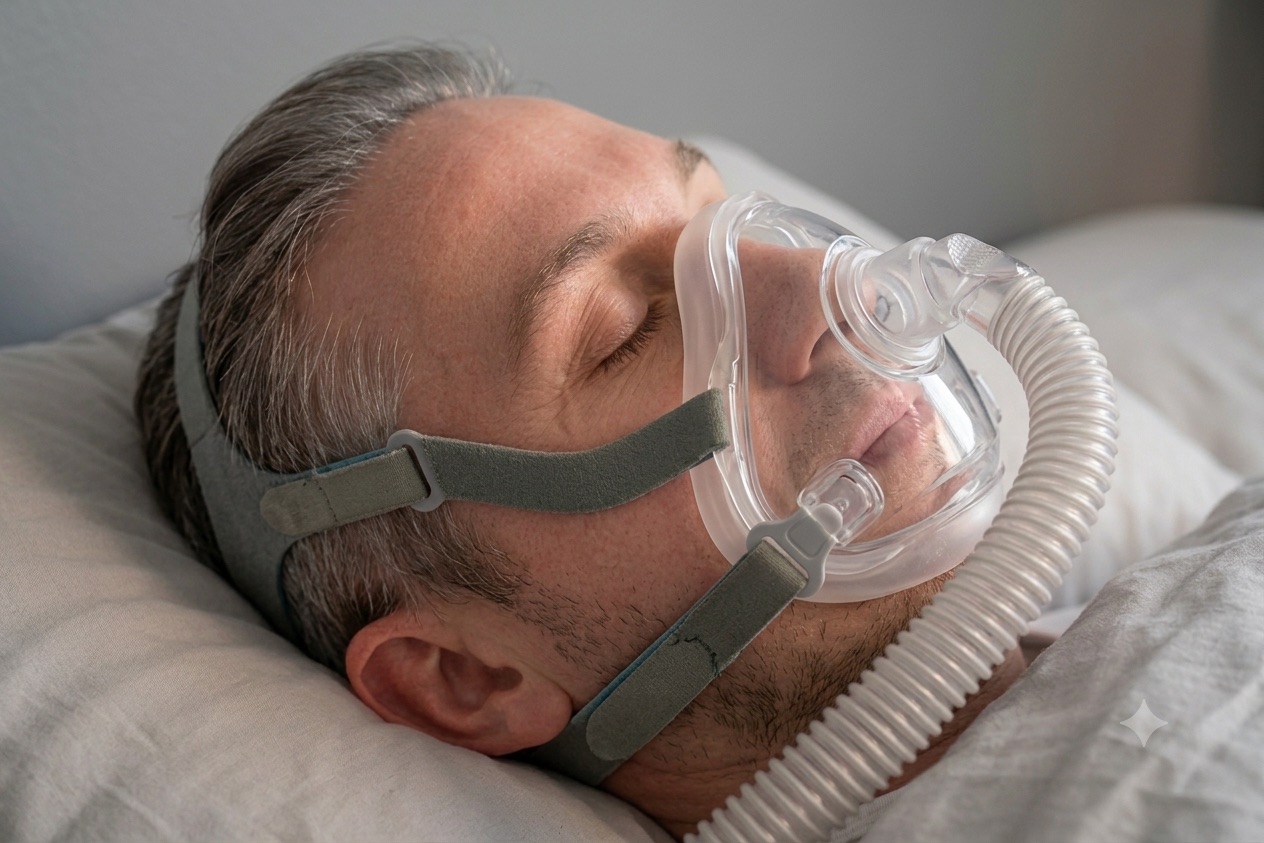 Person sleeping wearing a full-face (oronasal) CPAP mask that covers the nose and mouth, held by headgear straps