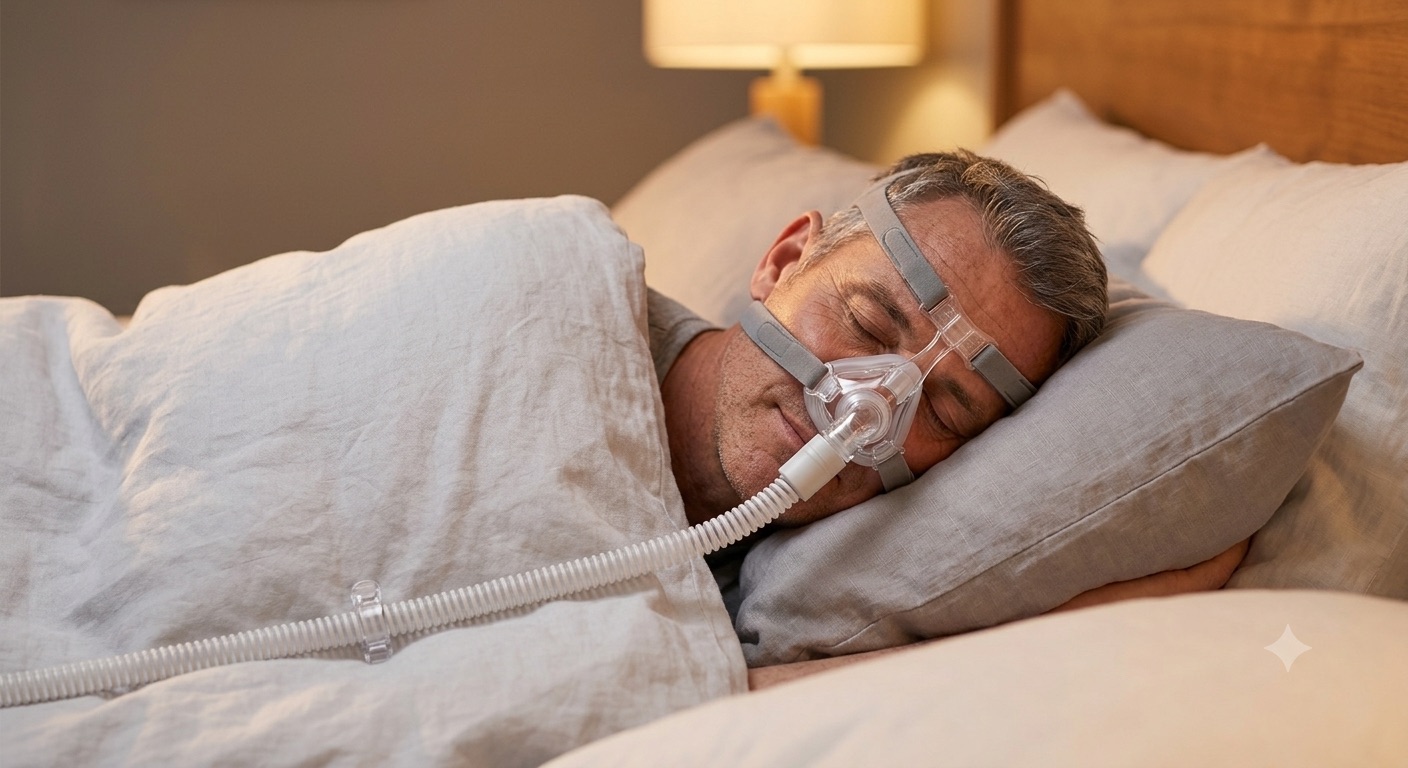 Person sleeping comfortably on their side wearing a nasal CPAP mask that covers the nose, connected by a hose to a machine on the nightstand