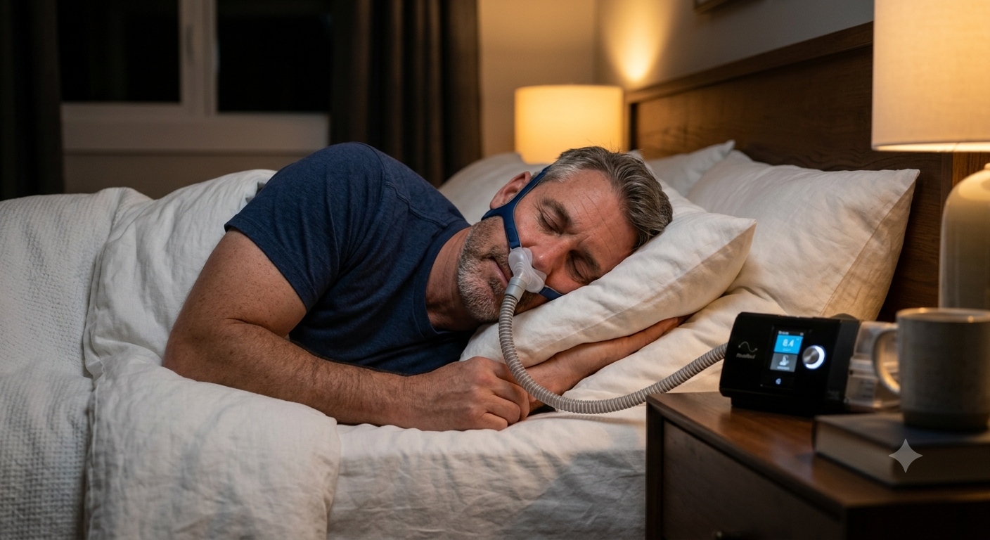 Person sleeping comfortably on their side wearing a minimal nasal pillow CPAP mask that seals under the nose