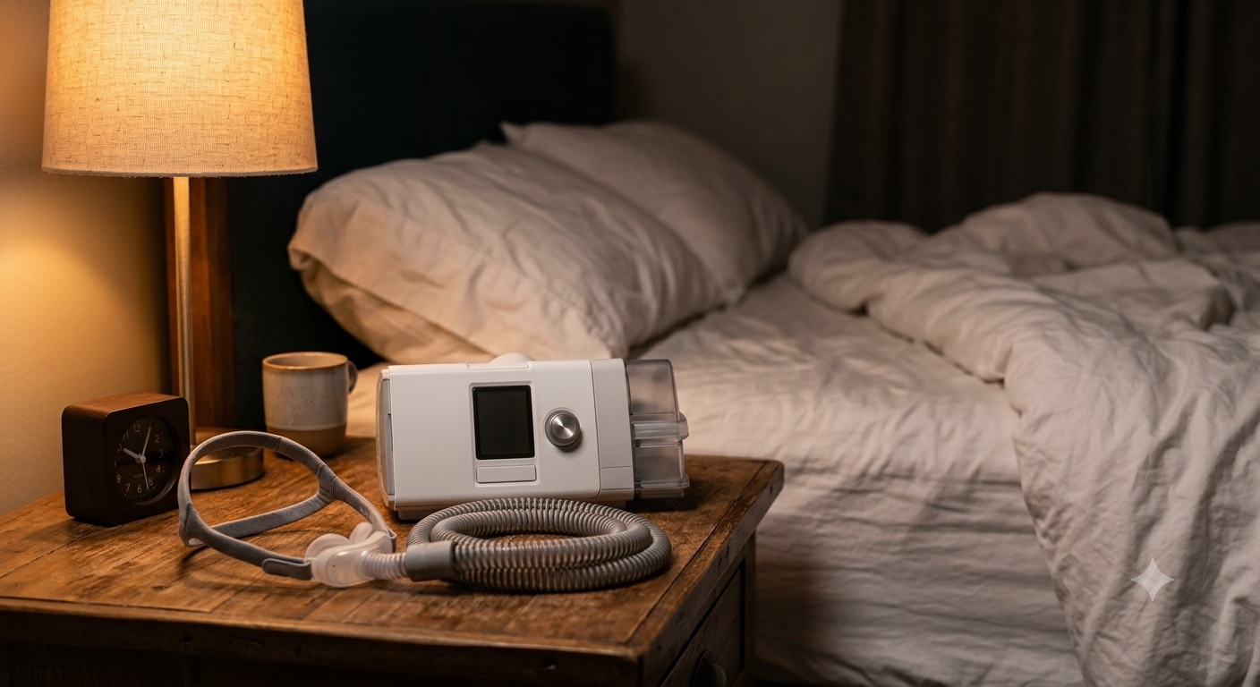 A complete CPAP setup on a bedside nightstand: a compact CPAP machine with humidifier chamber, coiled air hose, and nasal pillow mask, next to a bed at night